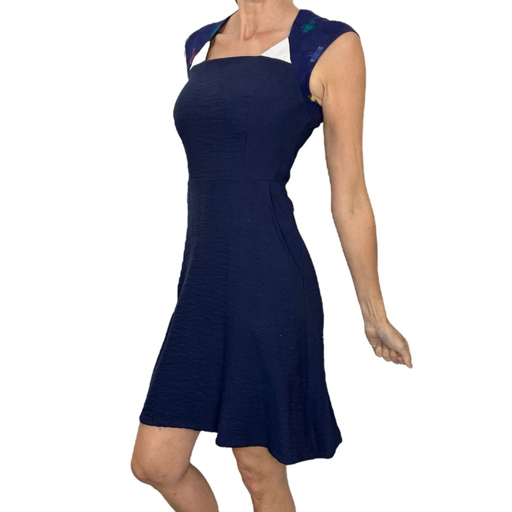 Jennifer Glasgow Montreal blue square neckline fit and flare cap sleeve dress XS